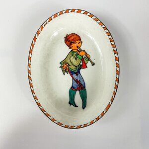 Vintage Steinbock Austria Enamel Oval Trinket Dish Boy Playing Flute Tirol